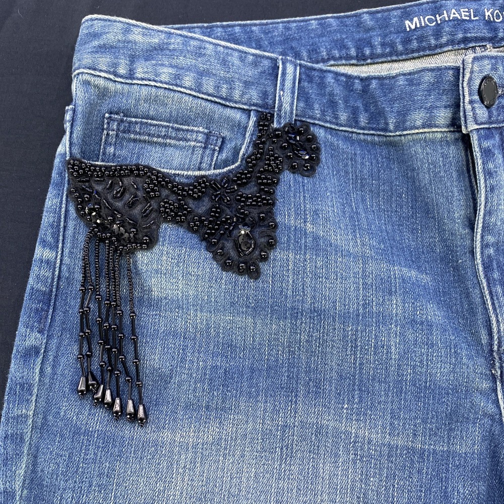 Michael Kors Blue Skinny Jeans Mid Rise Bead Embroidered Women's 16 Vintage Wash - Picture 3 of 15